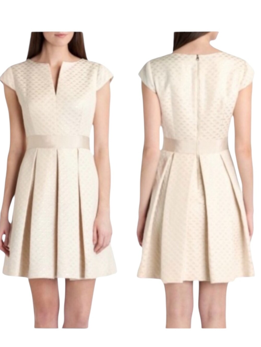 Ted Baker Cream/Tonal Shimmer Textured Fit-and-Flare Carice Mini Dress Sz S